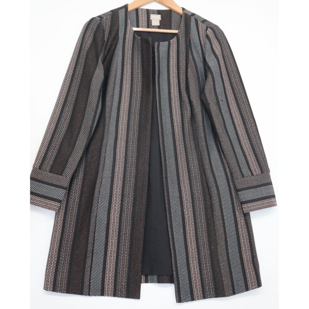 Chicos Open Front Long Striped Coat Rose Gold Glitter Copper Womens Size 4/6